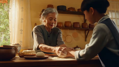 grandmother and grandson baking together