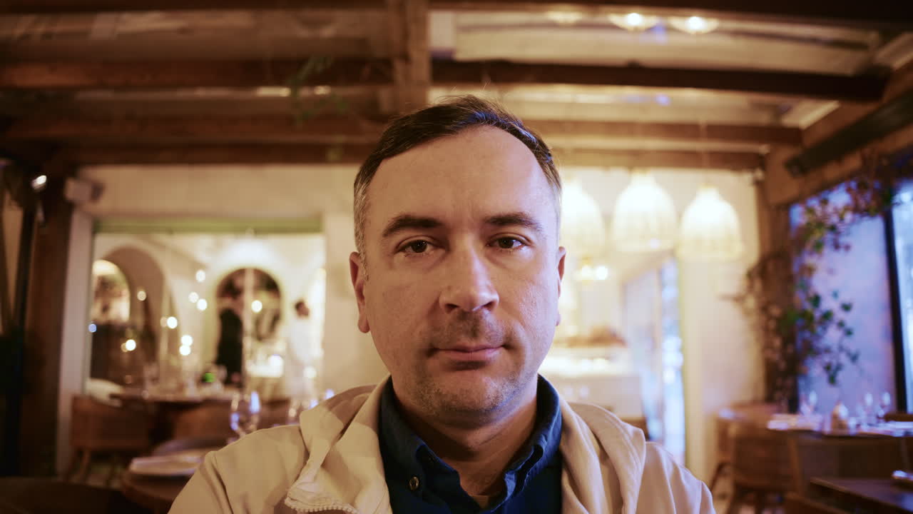 Close up portrait of a man sitting inside a warmly lit restaurant