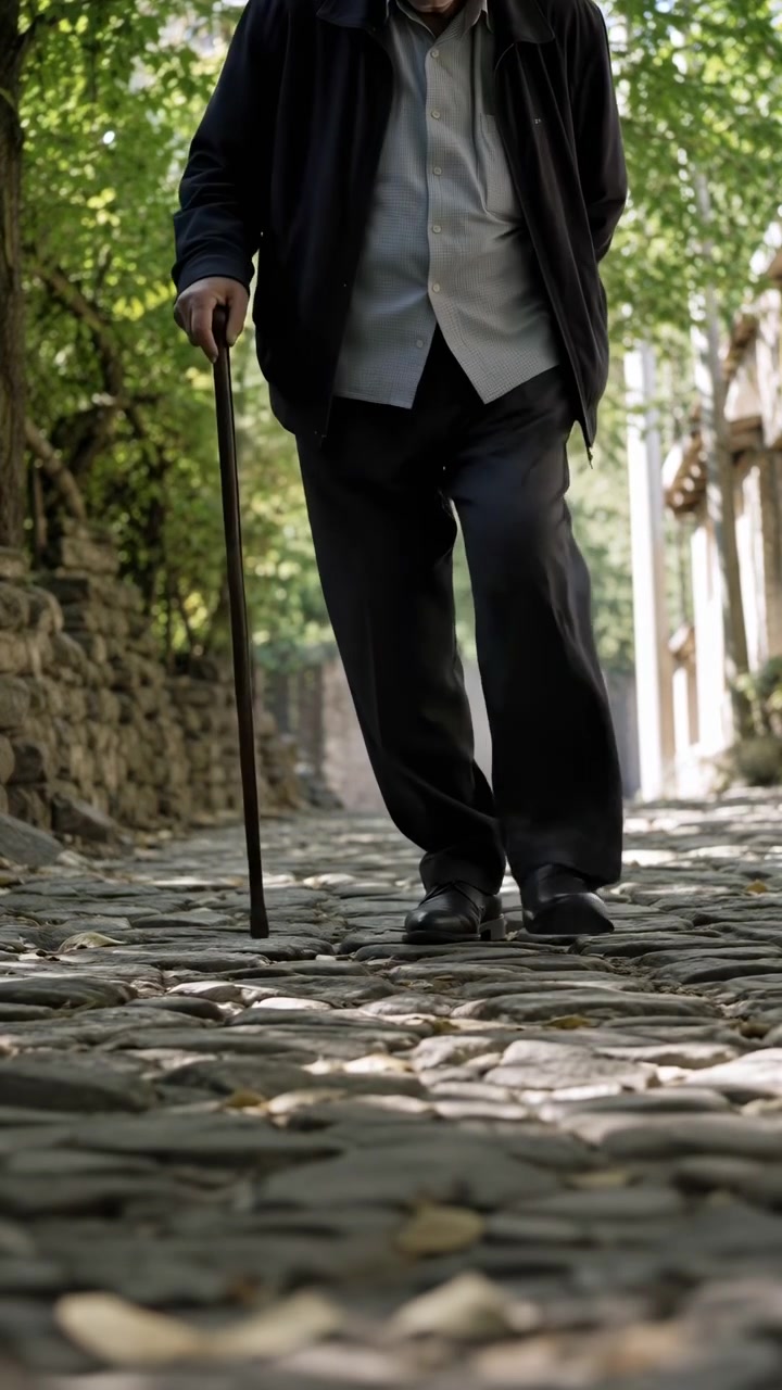 Un uomo anziano solitario cammina con un bastone lungo una stretta via acciottolata e ombreggiata, accanto a un muro di pietre a secco e colonne luminose, visto da un'angolazione bassa con luce solare filtrata, una volta arborea e un'andatura cauta