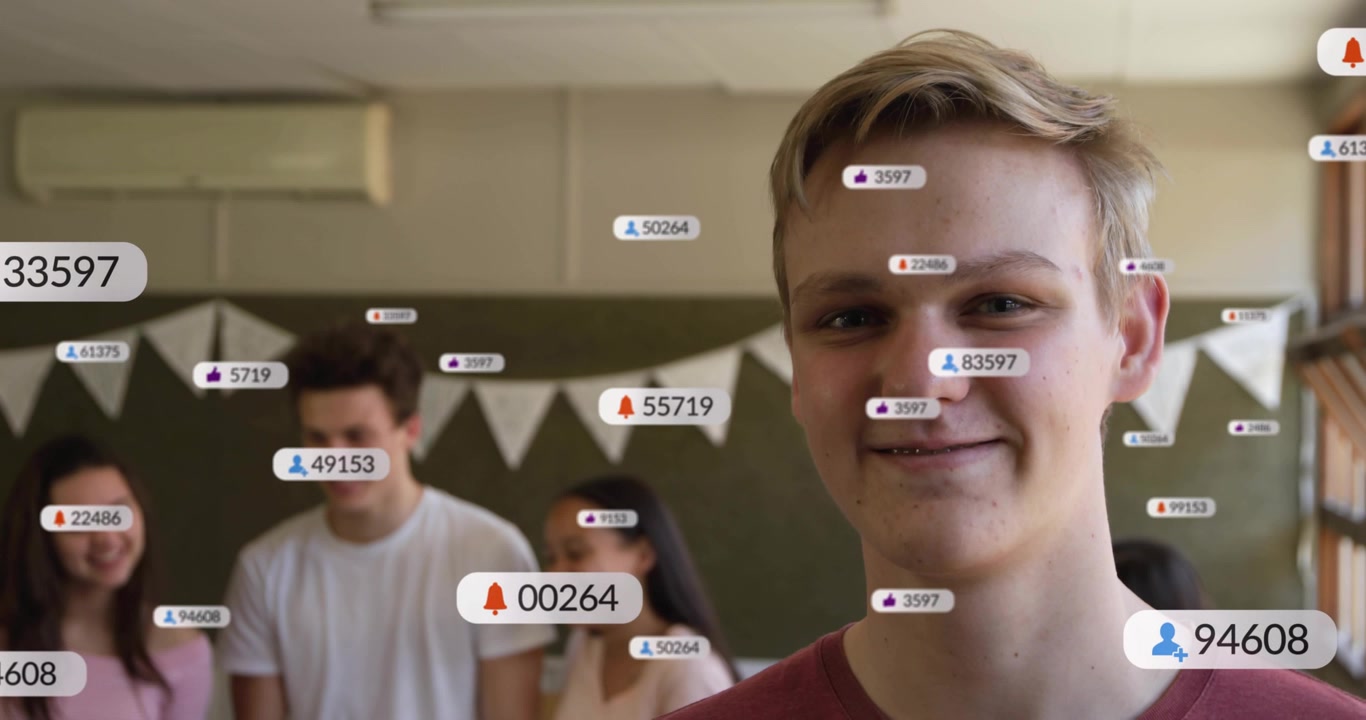 Teen smiling in school, peers chatting causing bubbles covering faces peaking likes then receding