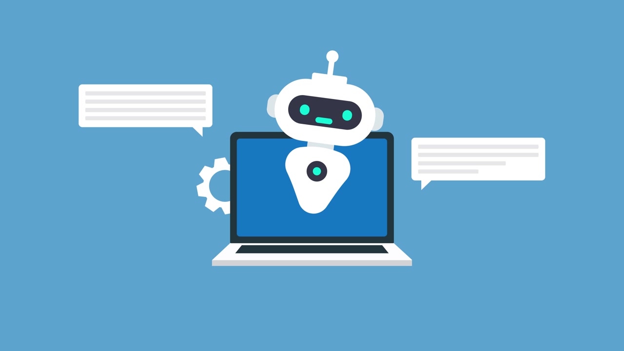Animeret robotchatbot, der dukker op fra en bærbar skærm
