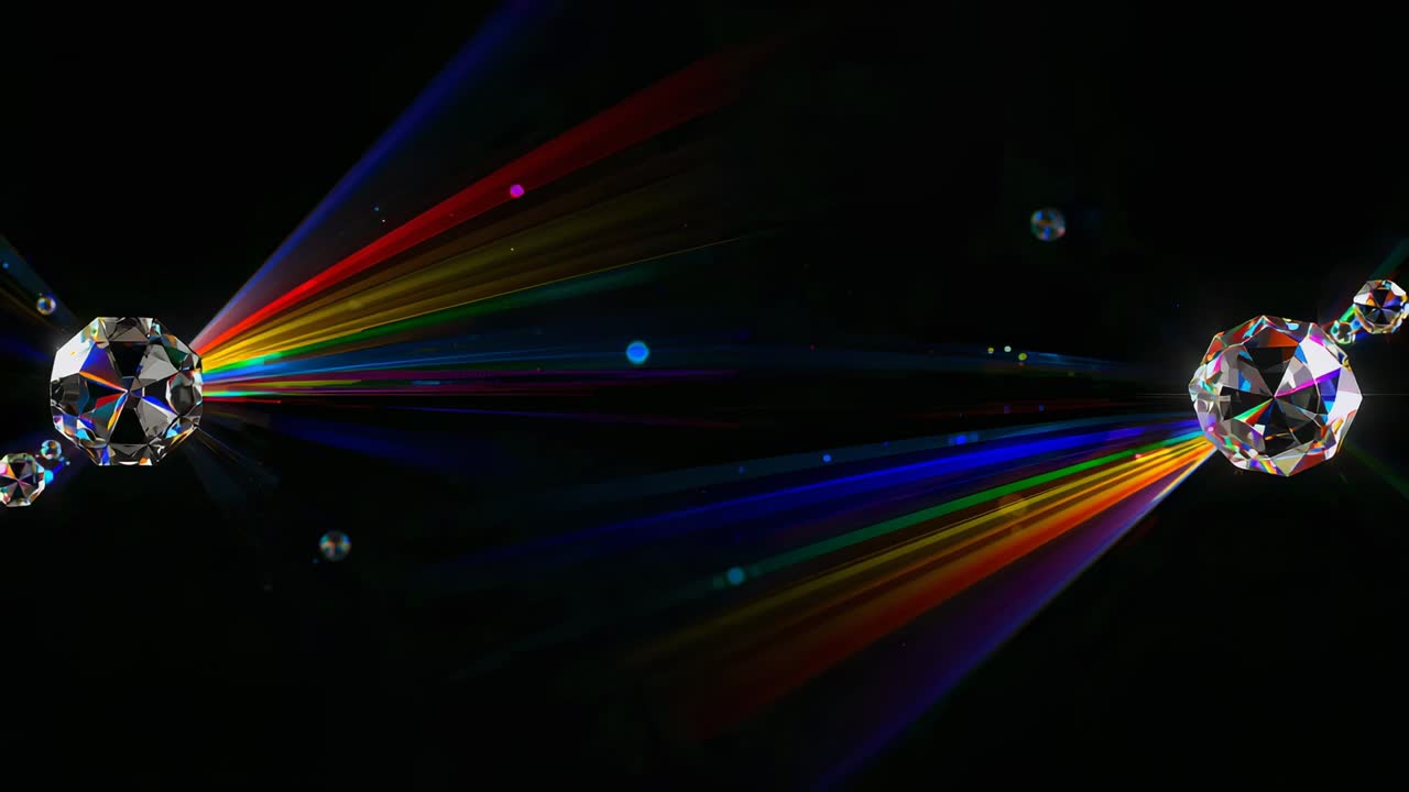Illuminazione che fa sì che due cristalli emettano raggi prismatici in uno studio buio, formando una sovrapposizione con bagliori di perline