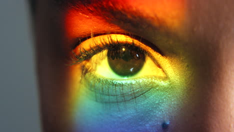 beauty, rainbow and the eye of woman with a prism