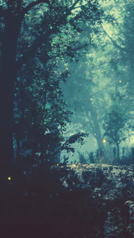 a path leading through a mystical forest with fireflies and fog