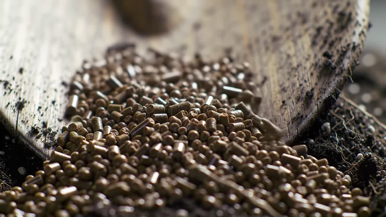 A Close-up View of Organic Soil Enrichment Process with Fertilizer Pellets Being Shoveled into Nutrient-Rich Soil for Optimal Plant Growth and Sustainability