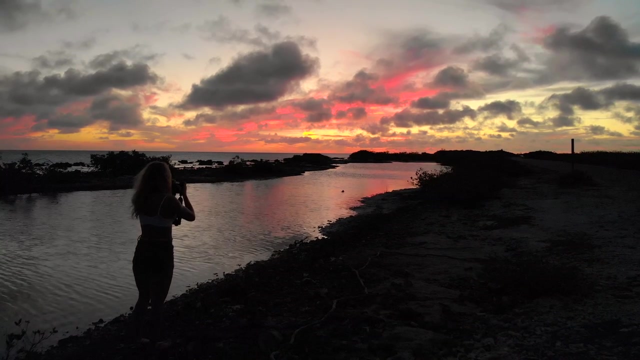 Video in dolly di una donna che scatta foto al cielo colorato durante il tramonto di fronte all'oceano calmo.