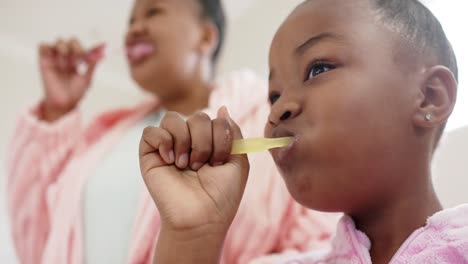 madre e hija afroamericanas felices y inalteradas cepillándose los dientes en el baño, en cámara lenta