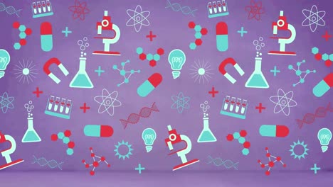 animation of chemistry icons and symbols on purple background