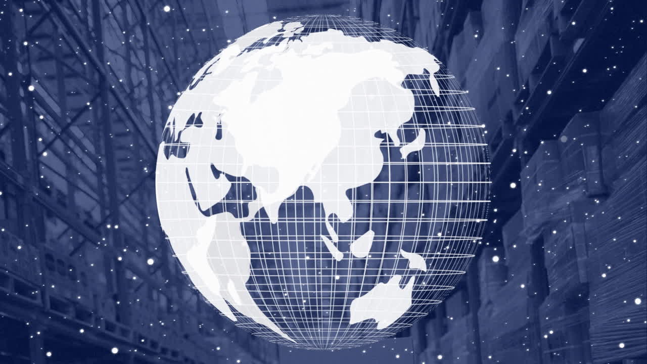 Animation of globe rotating over navy background with warehouse