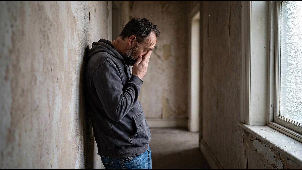 Homem com o rosto nas mãos em frustração, lidando com dor emocional em casa
