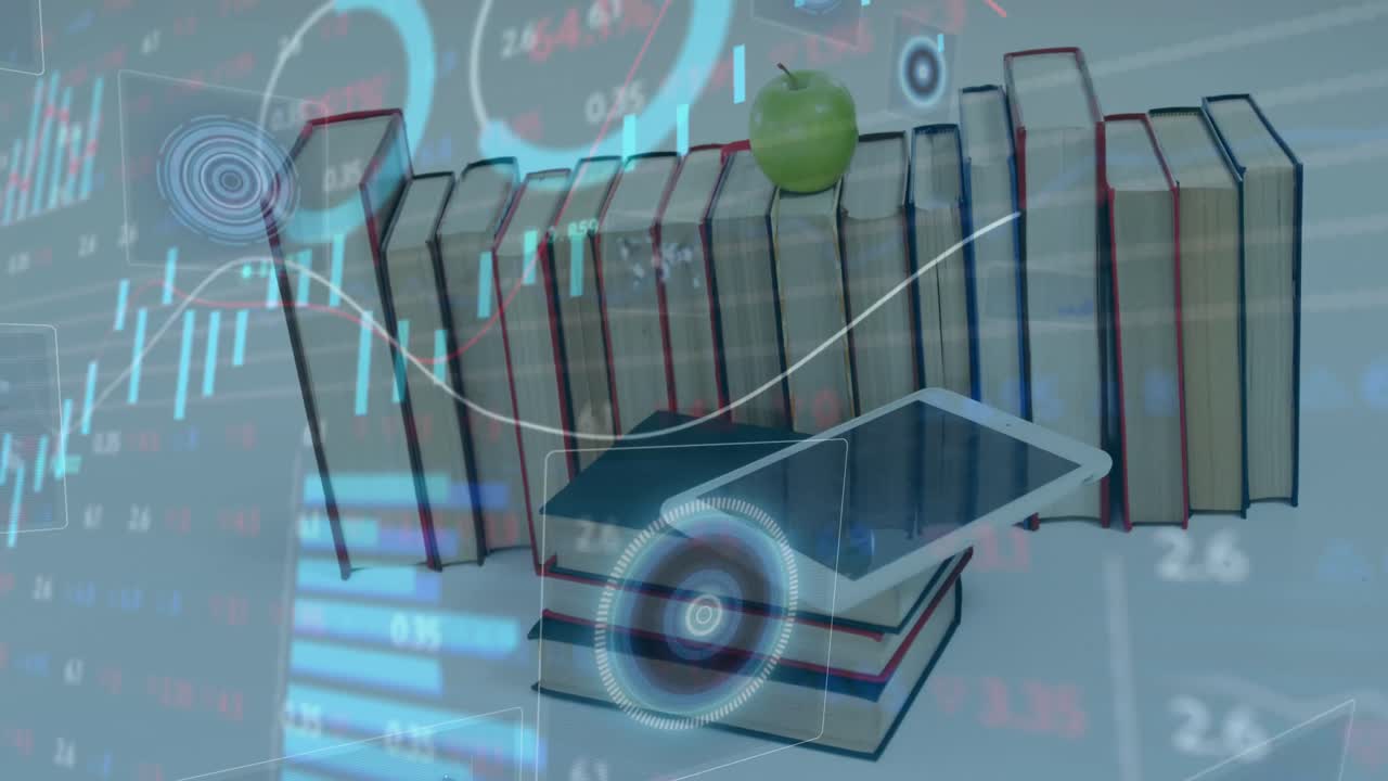 procesamiento de datos financieros contra tableta digital en una pila de libros en superficie blanca