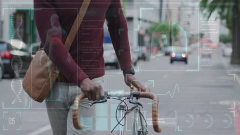 animation of medical data processing over african american man walking with bike in city