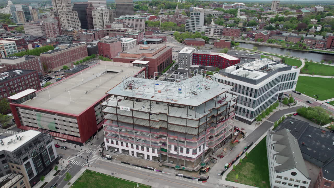 High aerial view of a building under construction in the city.
