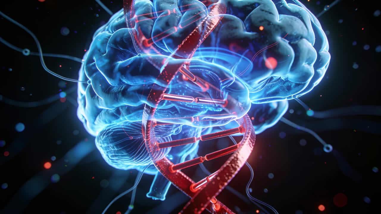 Entering view, red DNA helix aligning with brain in studio, tendrils, orbs showing neural links