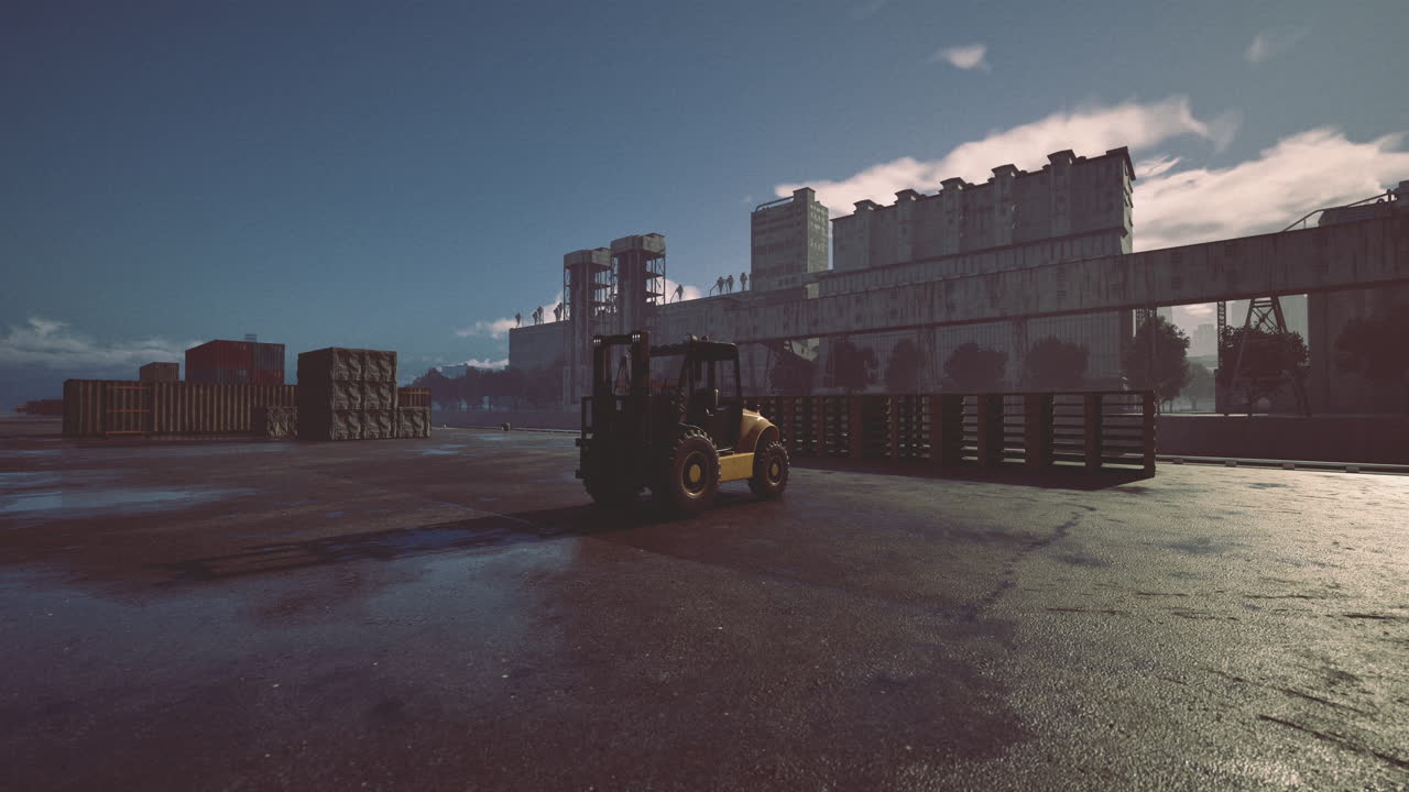 Forklift operating in an industrial area during early morning hours