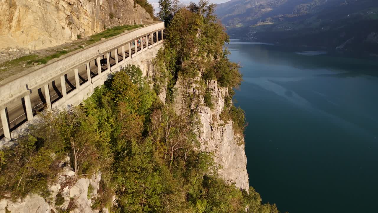Walensee lake Switzerland beautiful road nature drive overpass Swiss travel, aerial