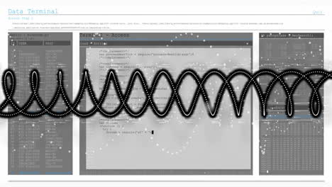 data processing animation over terminal access screen with code and wave pattern