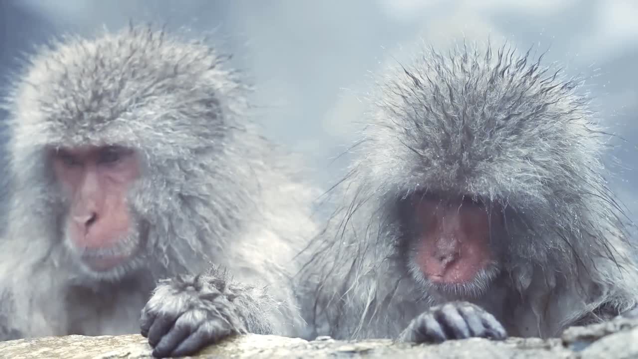 Japanese snow monkeys or macaques sitting in hot water at Jigokudani zoo during winter time while one monkey shakes its head in slow motion making water fly from his wet fur. Steamy water seen behind.