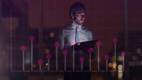 analyzing data on tablet, businessman with bar graph animation over city lights