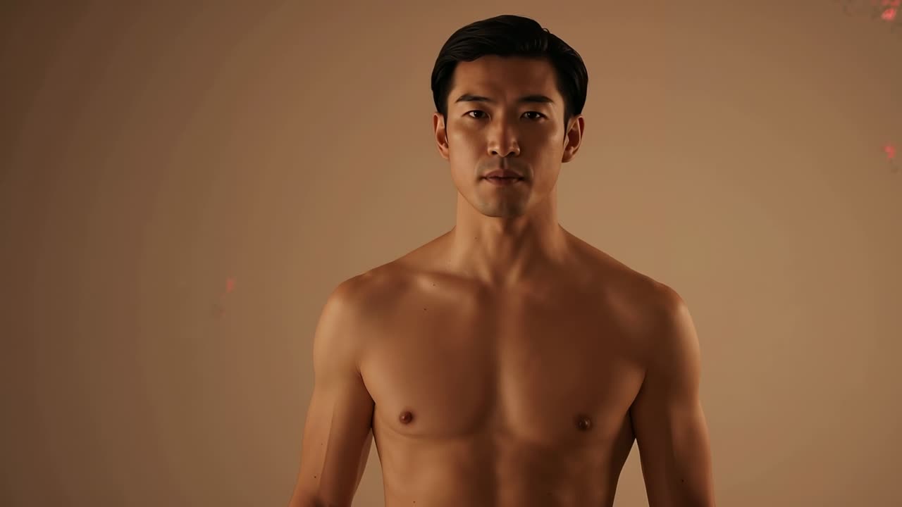 Video verticale: Uomo a torso nudo che alza la testa incrociando lo sguardo, ripreso in uno studio con sfondo beige e punti rossi.