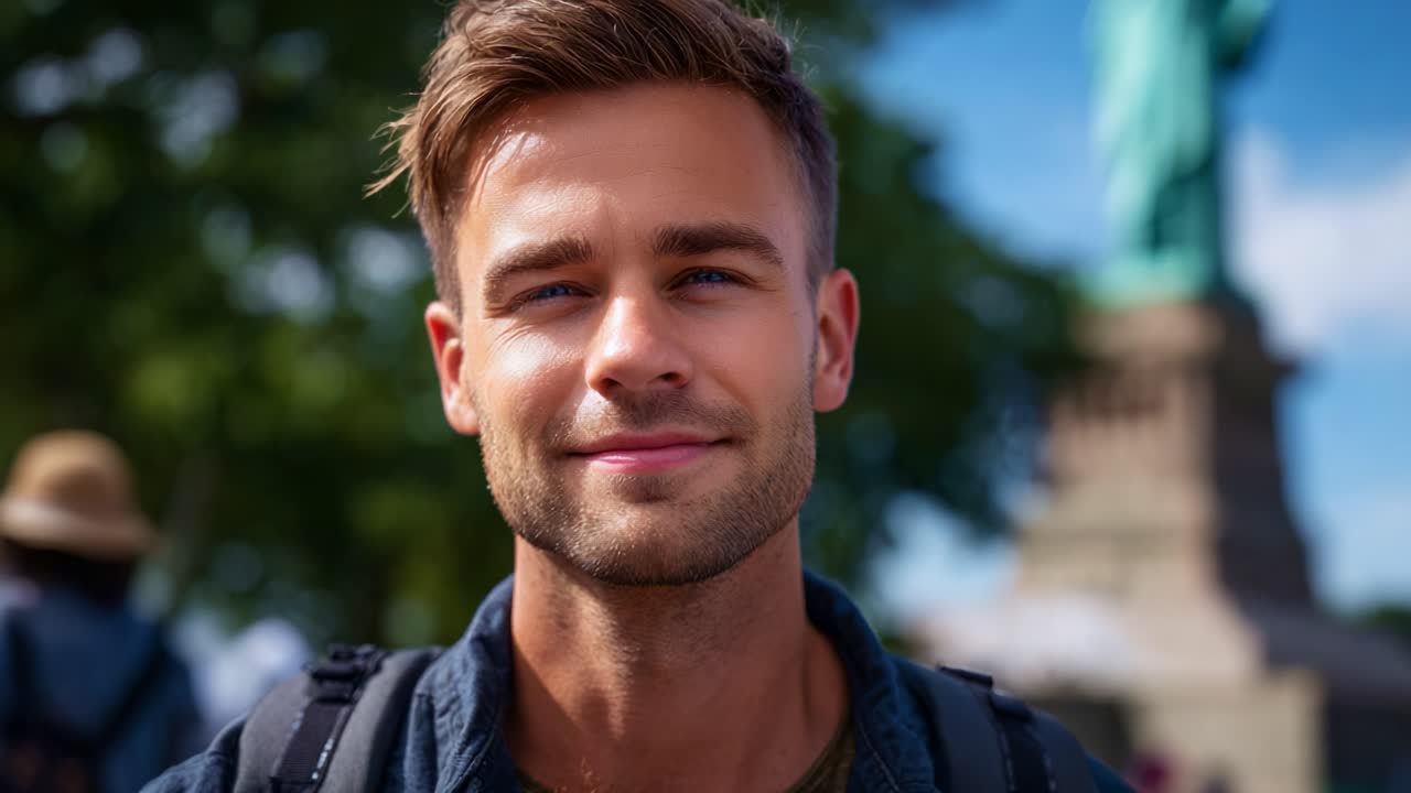 Portrett av en smilende ung mann mot en bakgrunn av et monument og en livlig blå himmel, som fanger glede, selvtillit og en dag full av eventyr