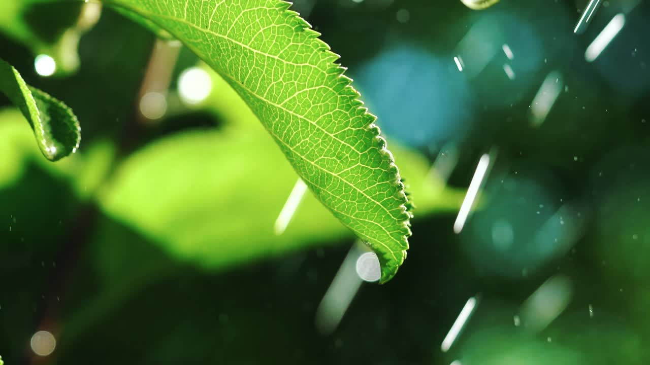 drops of water are falling on the leaf of tree in the garden in the summer. Watering plants in the yard. Slow motion