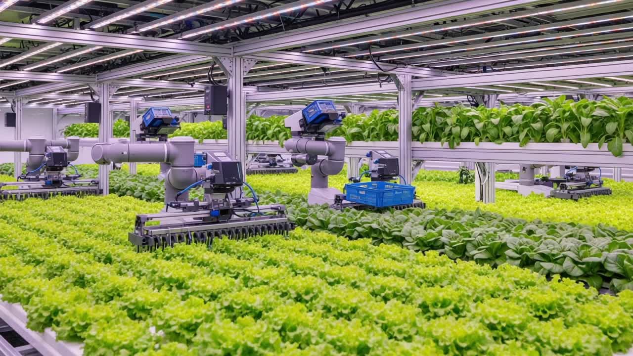 Innovative Automated Hydroponic Farming: Advanced Robotics Enhancing Indoor Agriculture with Lush Greenery for Sustainable Food Production and Resource Efficiency