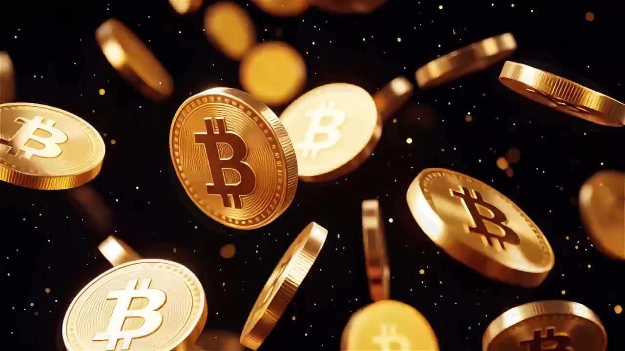 Bitcoin in rotazione su sfondo nero drammatico 4k
