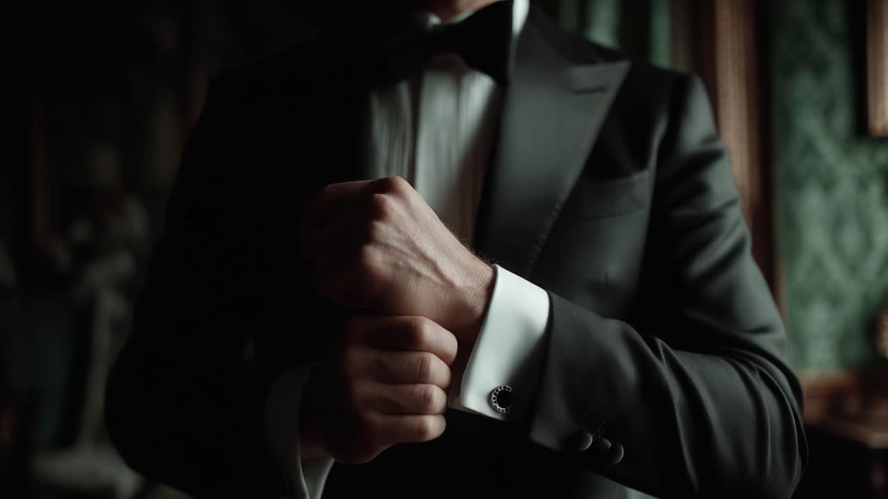 A Sophisticated Gentleman Adjusts His Cufflinks in an Elegant Setting, Capturing the Essence of Style and Refinement in Formal Attire
