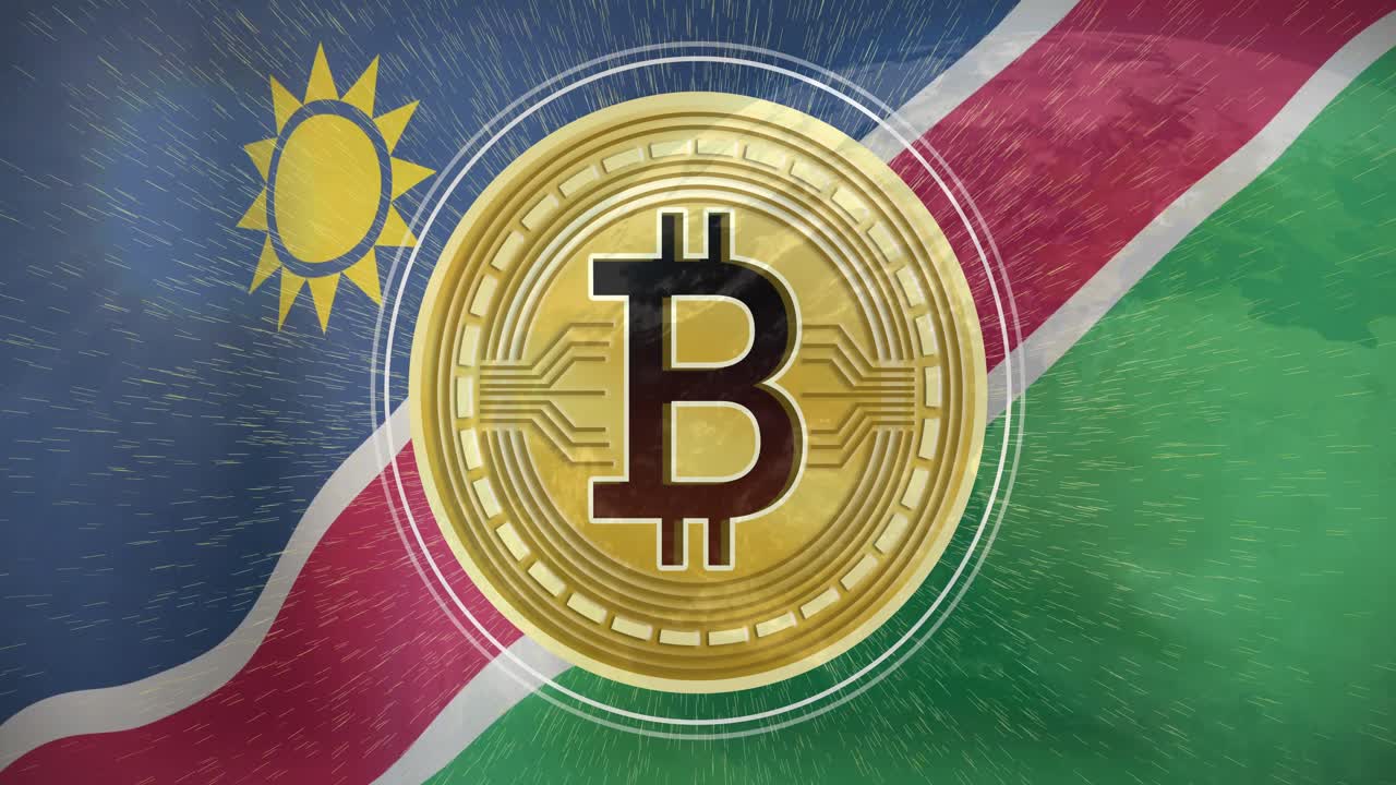 Partikler stråler på namibisk flag i en gnistrende cirkel, med fremvoksende Bitcoin-ringe der fremhæver krypto