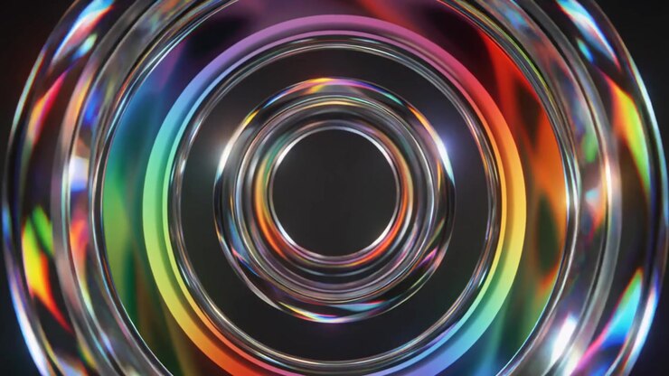Animação 3D Abstrata de Anéis de Vidro em Expansão com Refrações de Arco-Íris