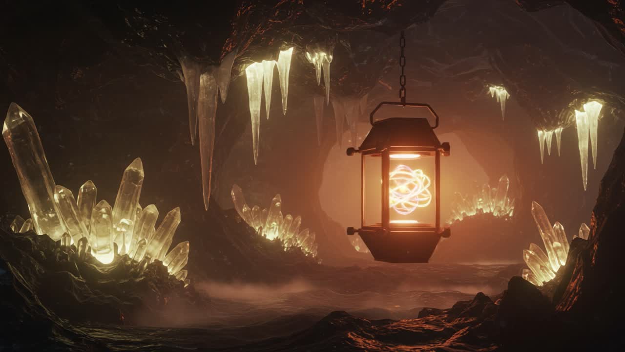 A Mysterious Cave Illuminated by an Enigmatic Lantern Surrounded by Twinkling Crystals and Glittering Icicles | A Journey into the Heart of Nature's Magic