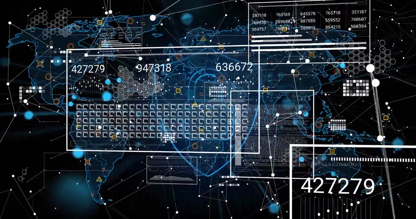 Initial empty rectangles drifting over global network revealing keyboard grid updating live data