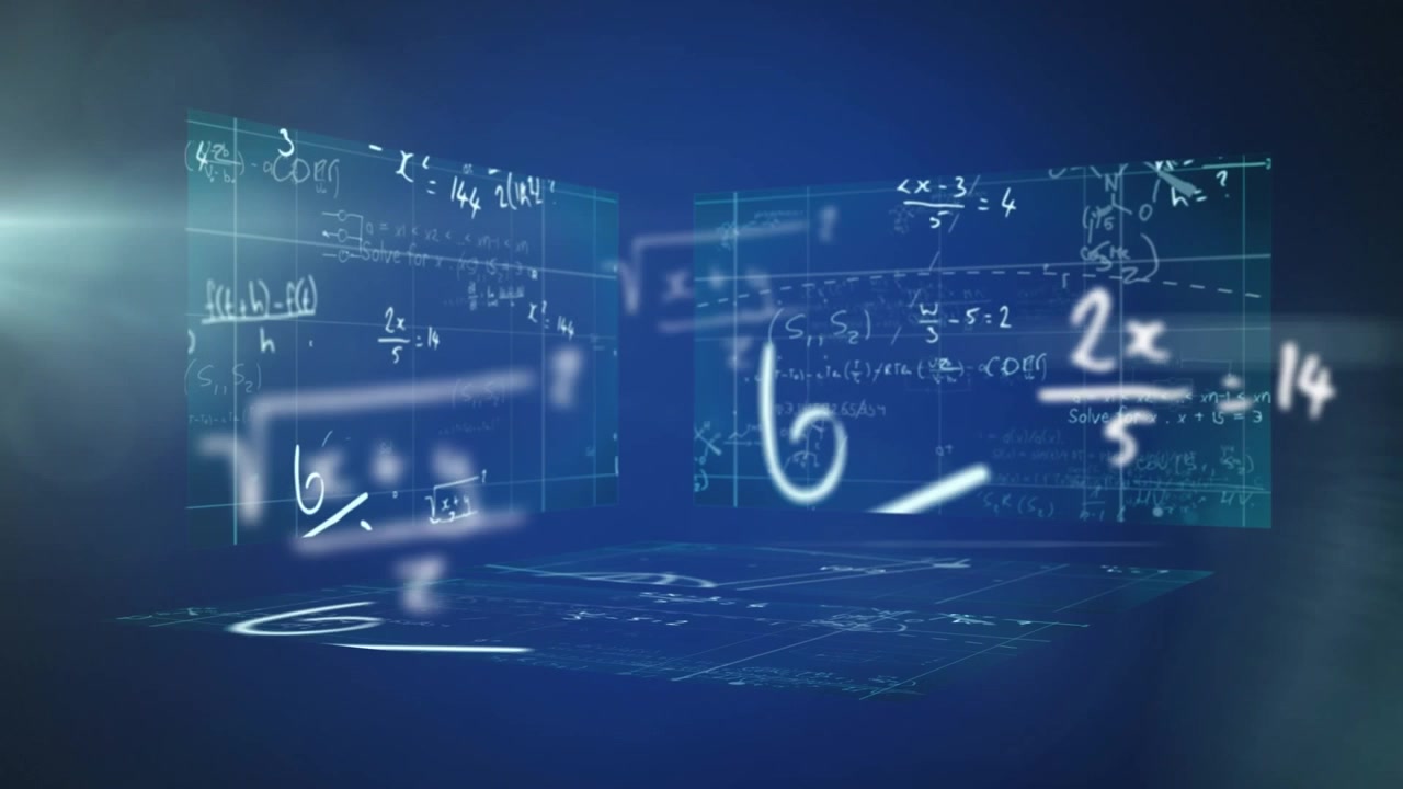 Animazione di formule matematiche e grafici in uno spazio digitale blu.