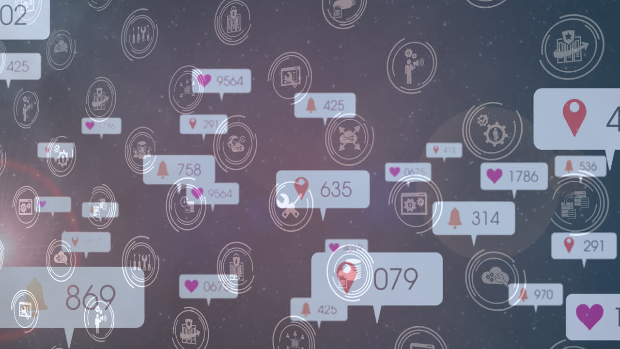 회색 배경에 빛의 반점에 디지털 아이콘과 증가하는 숫자를 가진 음성 거품