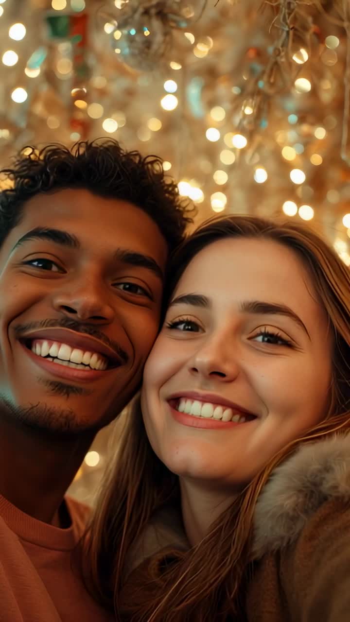 Vertical video: Recording couple glancing and leaning toward lens with string lights and ornaments