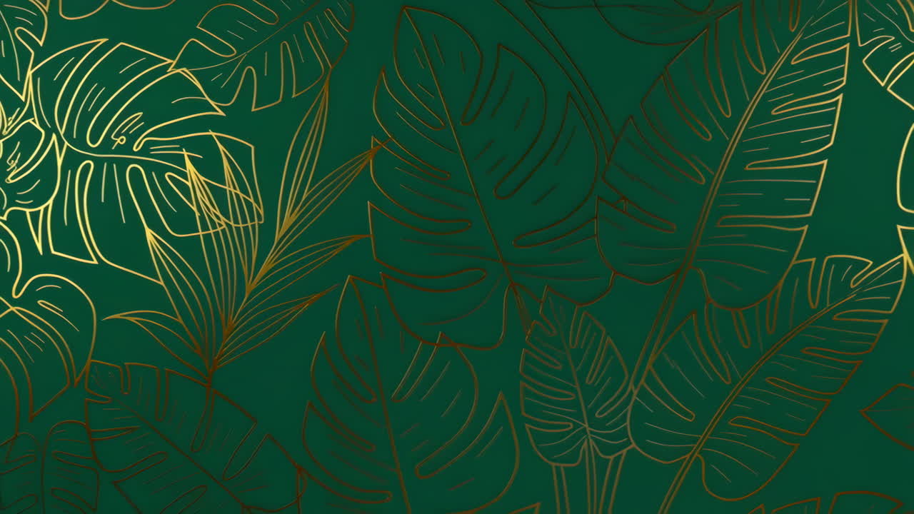 Golden Tropical Leaf Pattern on Green Background