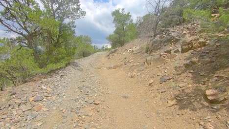 POV-driving-up-a-narrow-unpaved-trail-in-the-Rocky-Mountains-near-Salida,-Colorado