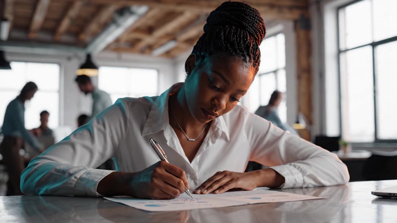 Donna professionista concentrata che abbozza idee su carta in un moderno ambiente d'ufficio, impegnata nel processo creativo in un contesto di lavoro collaborativo