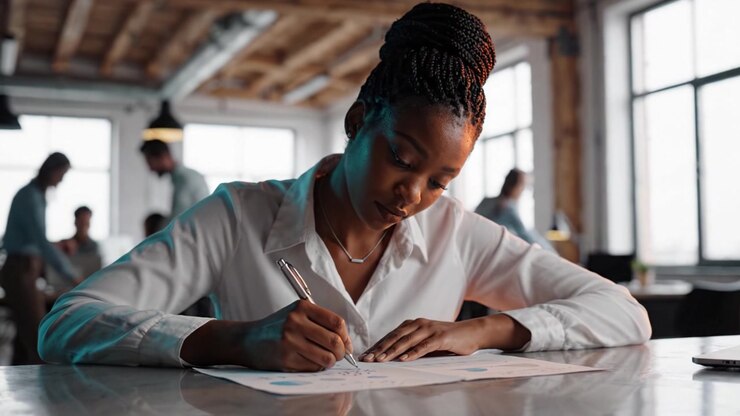 Donna professionista concentrata che abbozza idee su carta in un moderno ambiente d'ufficio, impegnata nel processo creativo in un contesto di lavoro collaborativo