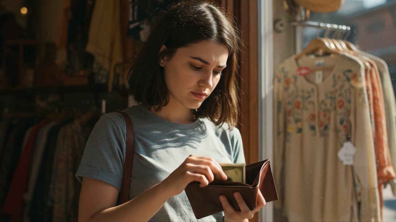 A Young Woman Examines Her Wallet in a Boutique Shop, Weighing Her Options with a Pensive Expression in a Sunlit Setting