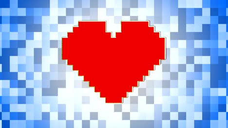 red pixel heart digital retro animation on blue white square mosaic background with end scene glitch animation.