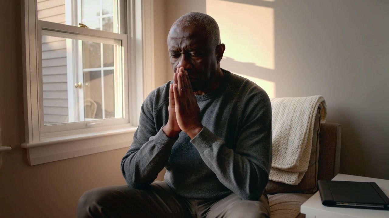 Sitting senior man clasping hands near face, reflecting with sunlight streaming by window, laptop