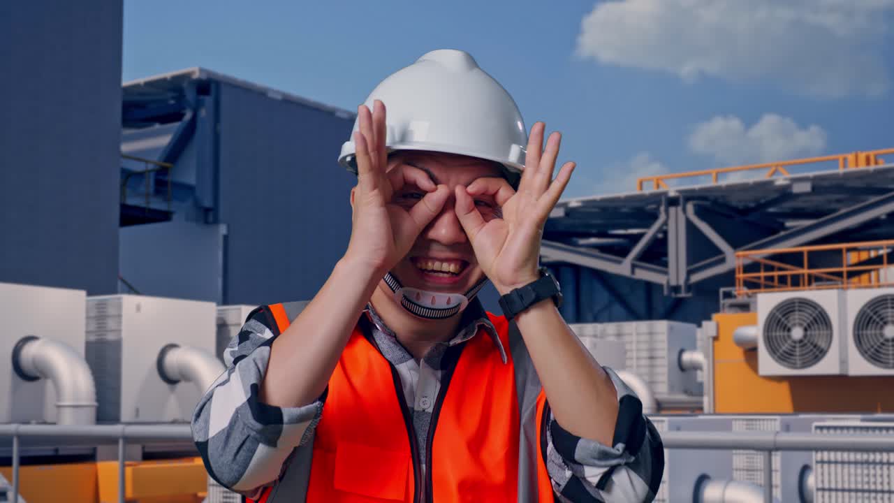 Nærbillede af asiatisk mandlig ingeniør med sikkerhedshjelm, der viser 'ok'-håndtegn over øjet og smiler til kameraet, mens han står og inspicerer HVAC-enheder på taget i industribygning.