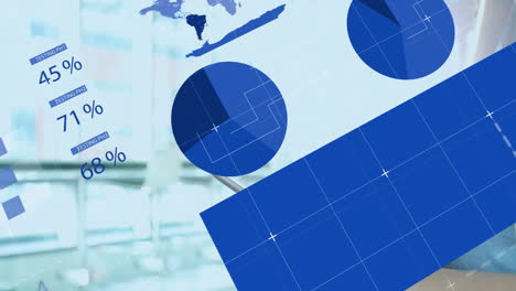using smartphone, person with blue geometric shapes and world map animation