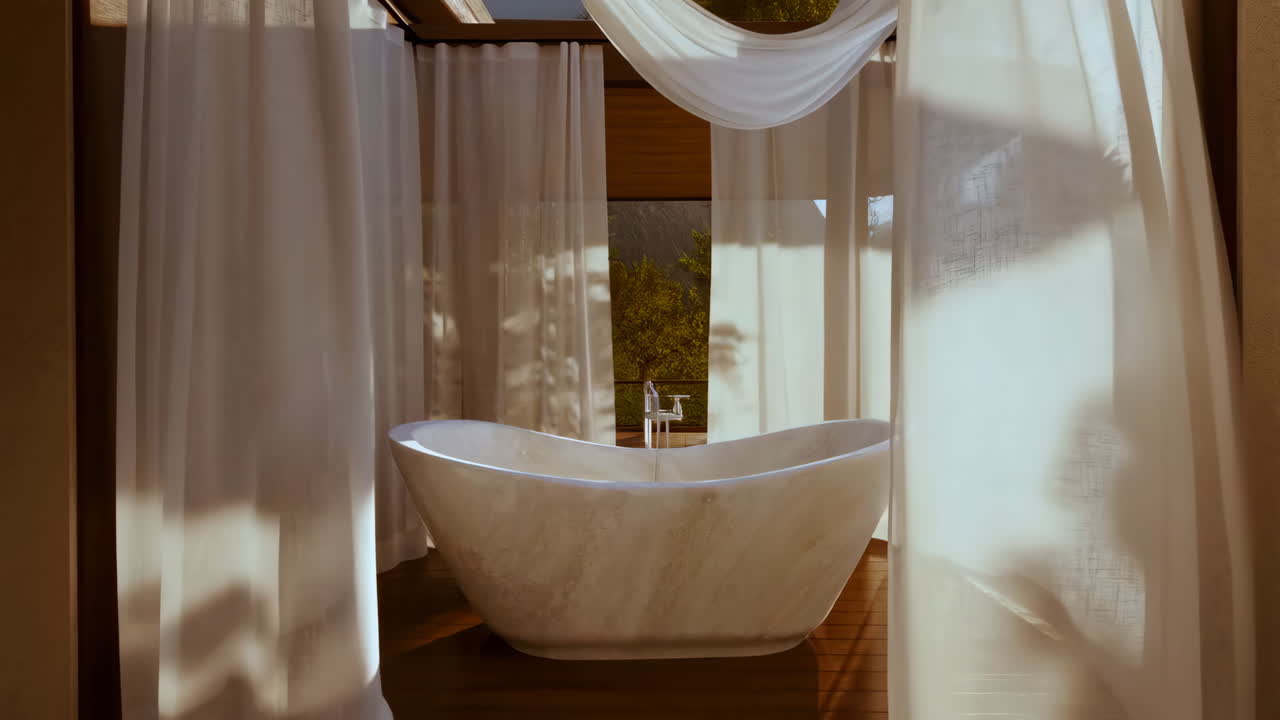 A luxurious bathroom with a freestanding bathtub and sheer curtains overlooking a natural view