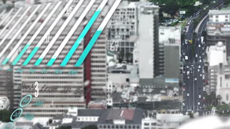 animation of statistical data processing against aerial view of cityscape