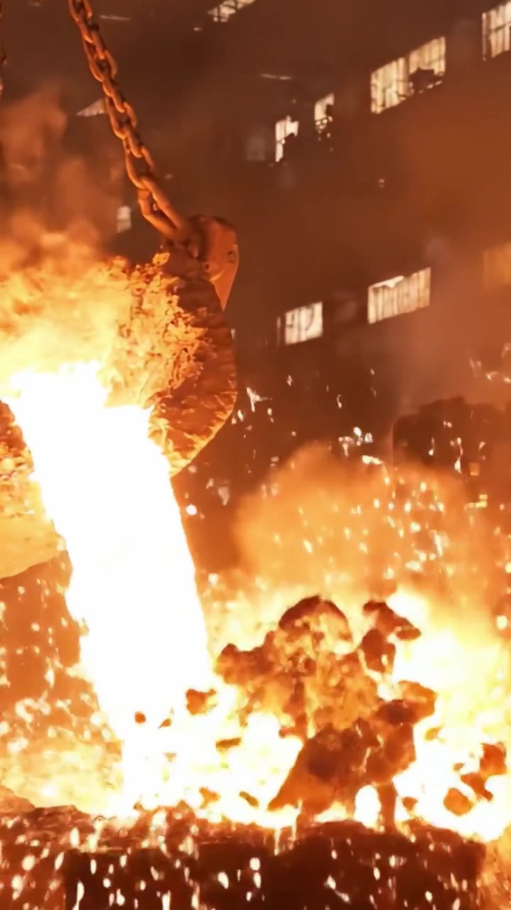 Una spettacolare dimostrazione di metallo fuso che cola da un crogiolo, mettendo in evidenza l'intenso calore e l'energia del processo di fusione dei metalli in un ambiente industriale.