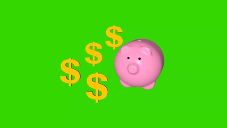 animación 3d de una alcancía y signos de dólar en un fondo verde, rotación.