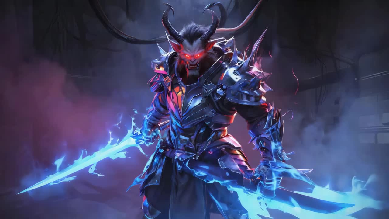 Fantasy Demon Warrior with Glowing Swords